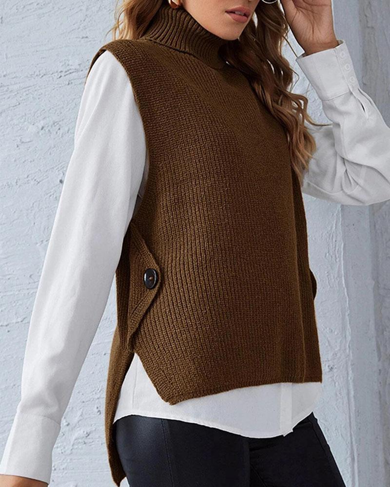 Ribbed Sleeveless High Low Button Detail Sweater-Pinkami