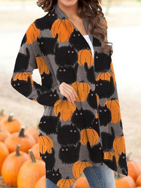 Halloween Pumpkin Pattern Print Cardigan-Pinkami