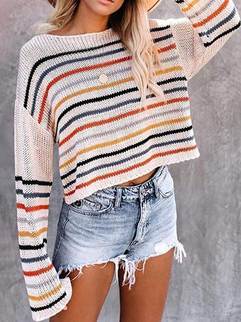 Colorful Striped Lightweight Short Sweater-Pinkami