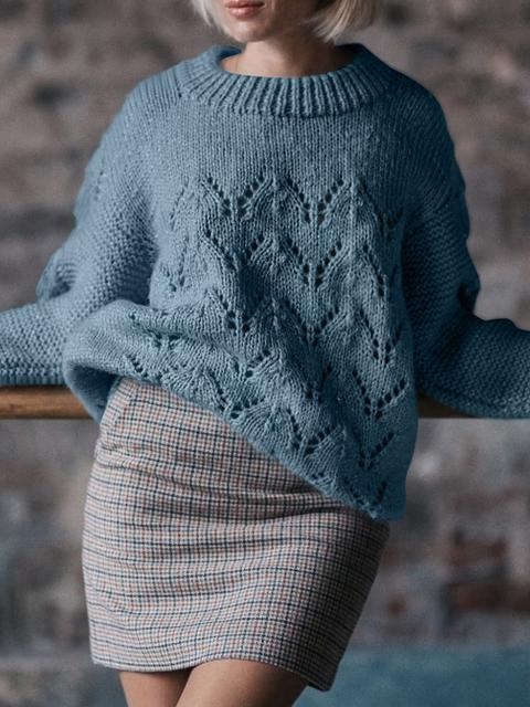 Hollow Out Knit Crew Neck Sweater-Pinkami