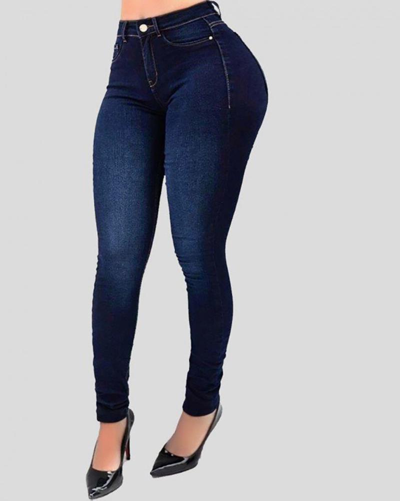 Women Pocket Detail High Waist Jeans-Pinkami