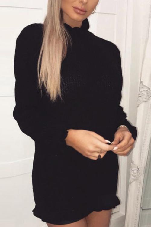 Ruffled High Neck Bag Hip Sweater-Pinkami