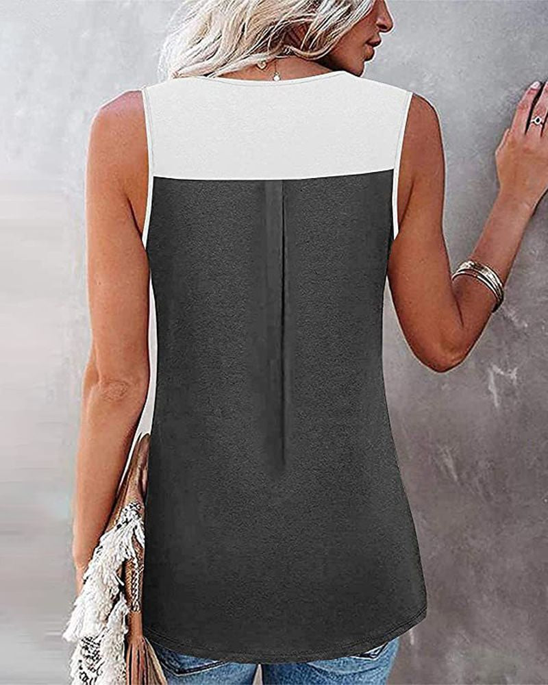 Two Tone Half Button Ruched Tank Top-Pinkami