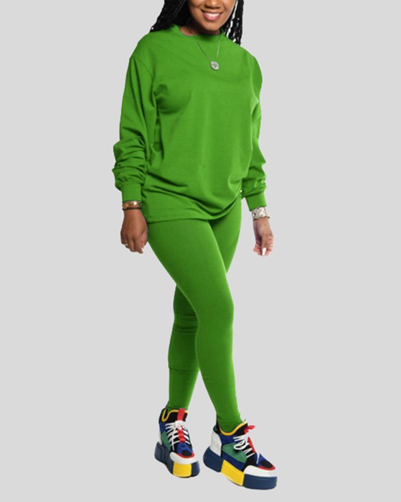 Solid Round Neck Tee & Pants Set-Pinkami