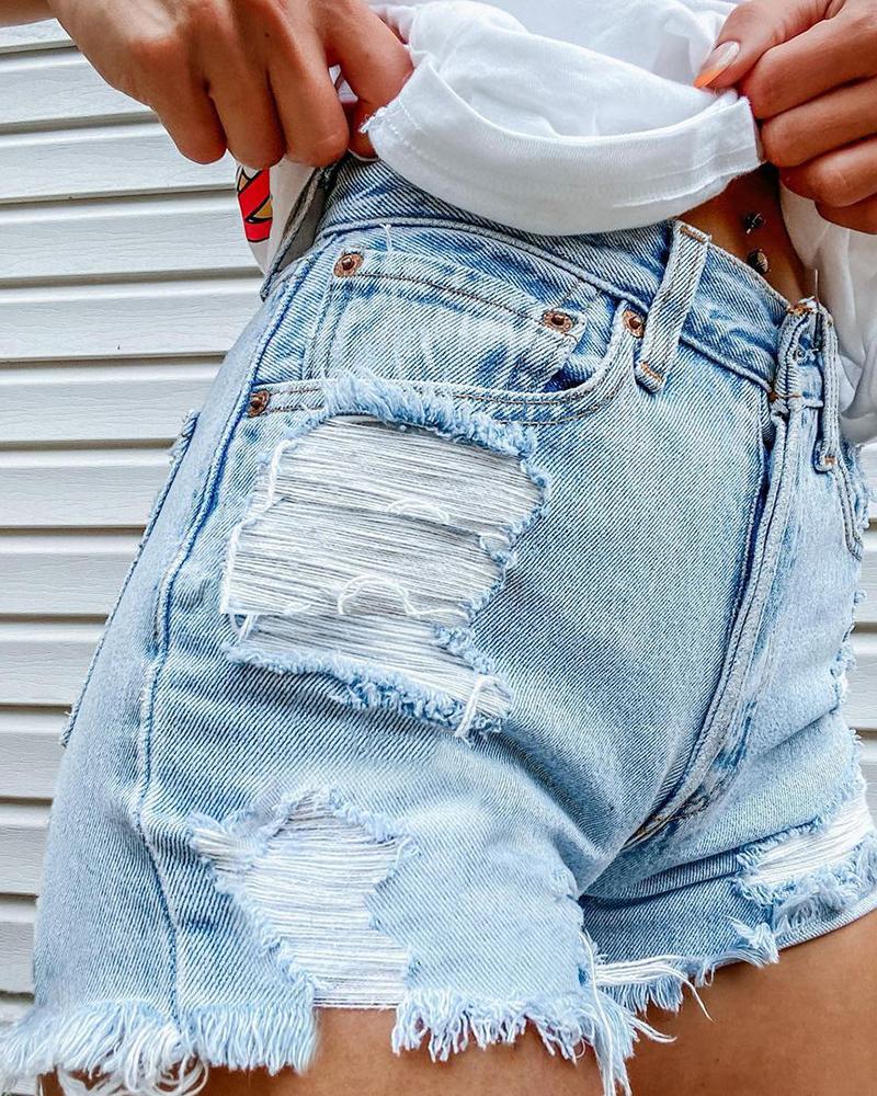 Women Lips & Letter Print Raw Edge Denim Shorts-Pinkami