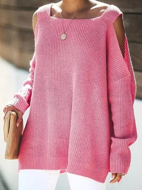 Solid Color Cold shoulder Knit Sweater-Pinkami