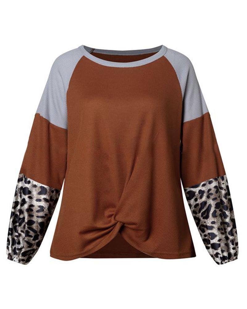 Cheetah Panel Colorblock Twist Front Drop Bishop Sleeve Sweater-Pinkami