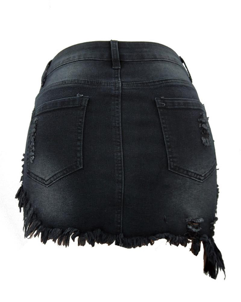 Women Ripped Raw Edge Asymmetrical Hem Denim Skirt-Pinkami