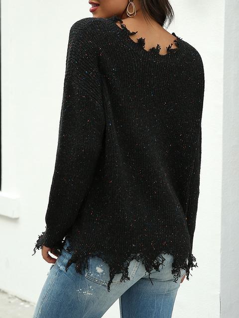 Solid Color V-neck Pullover Sweater-Pinkami
