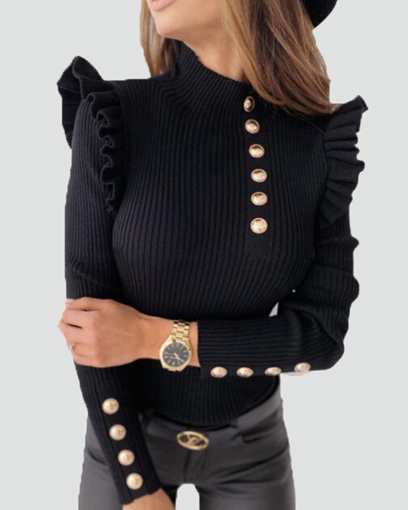 Ribbed Button Detail Ruffle Trim High Neck Sweater-Pinkami