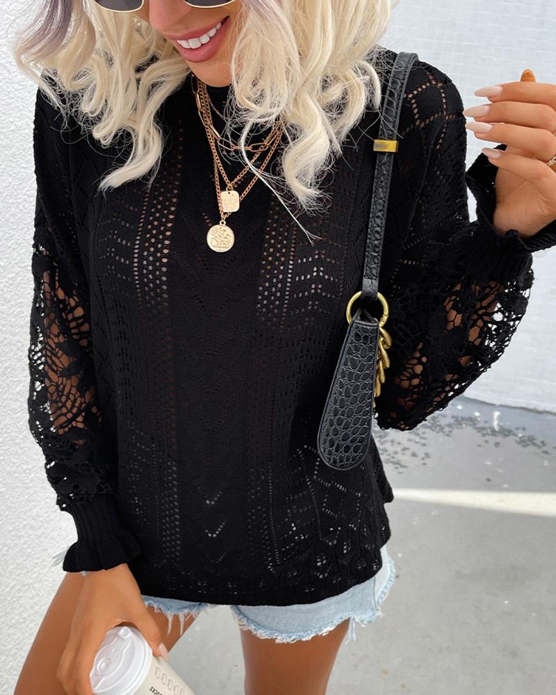 Floral Lace Pointelle Knit Sweater