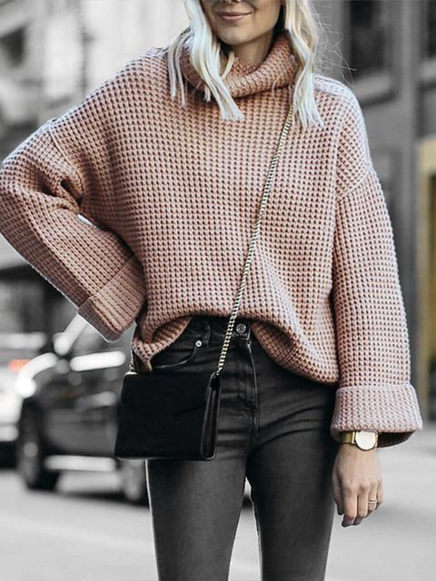 Solid Turtleneck Knitting Loose Sweater-Pinkami