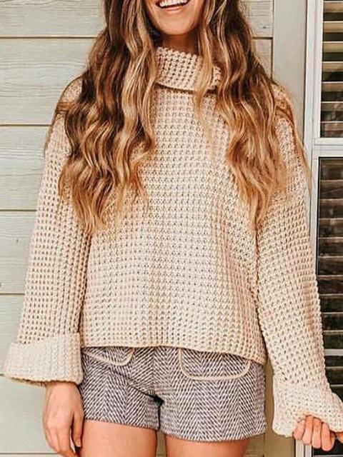 Casual Solid Color Knitted Turtleneck Sweater-Pinkami