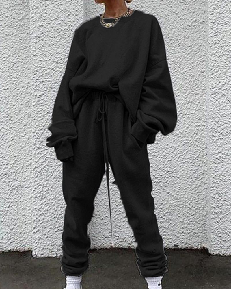 Solid Drawstring Waist Slant Pocket Elastic Hem Sweatshirt & Pants Set-Pinkami