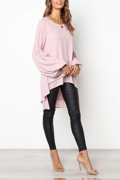 Puff Sleeve Lrregular Hem Solid Color Long Sleeve T-Shirt-Pinkami