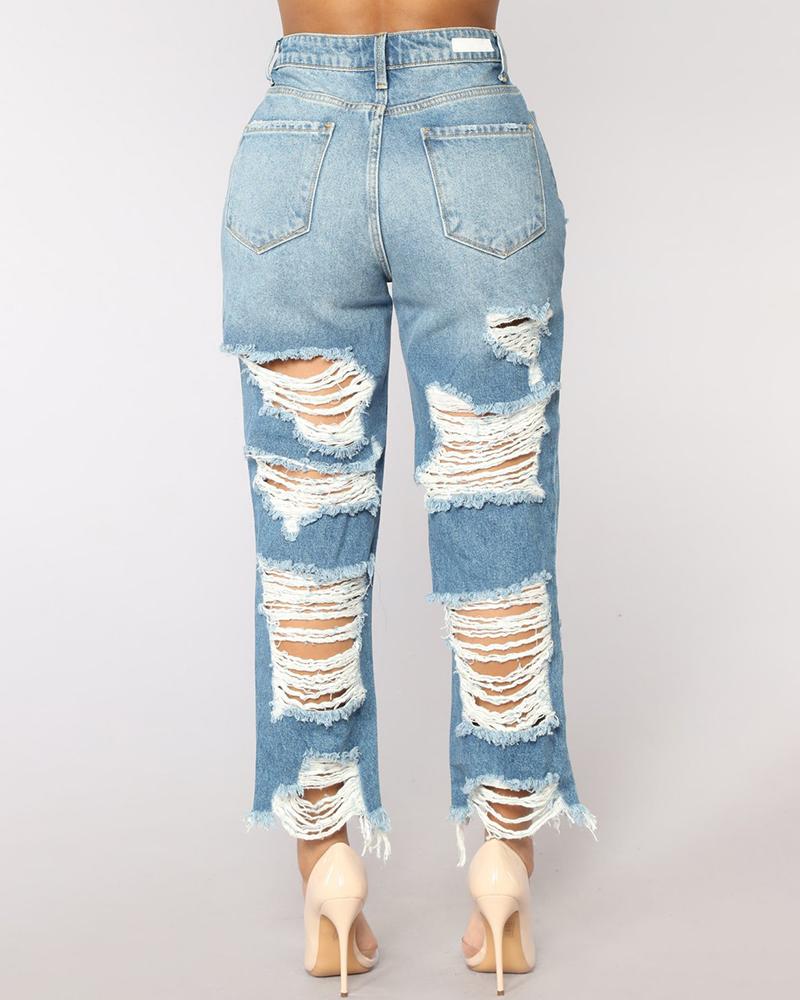 Women Ripped Distressed Straight Leg Crop Jeans-Pinkami