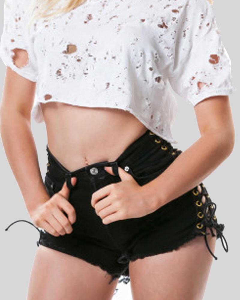 Women Lace Up Hollow Out Side Raw Hem Demin Shorts-Pinkami