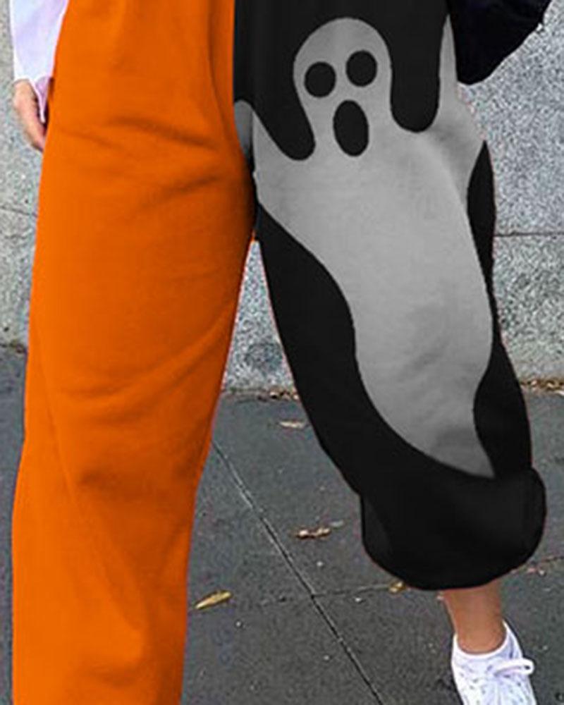 Colorblock & Halloween Graphic Print Pocket Side Sports Pants For Women-Pinkami