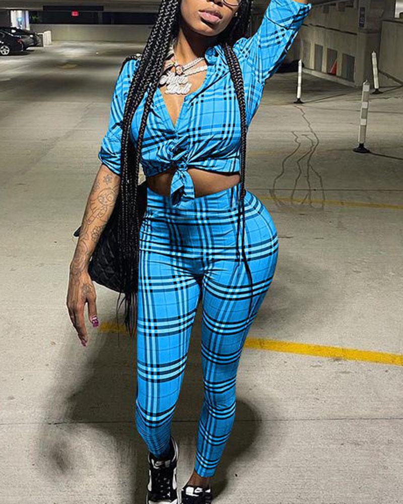 Plaid Print Button Up Asymmetrical Hem Blouse & Pants Set-Pinkami