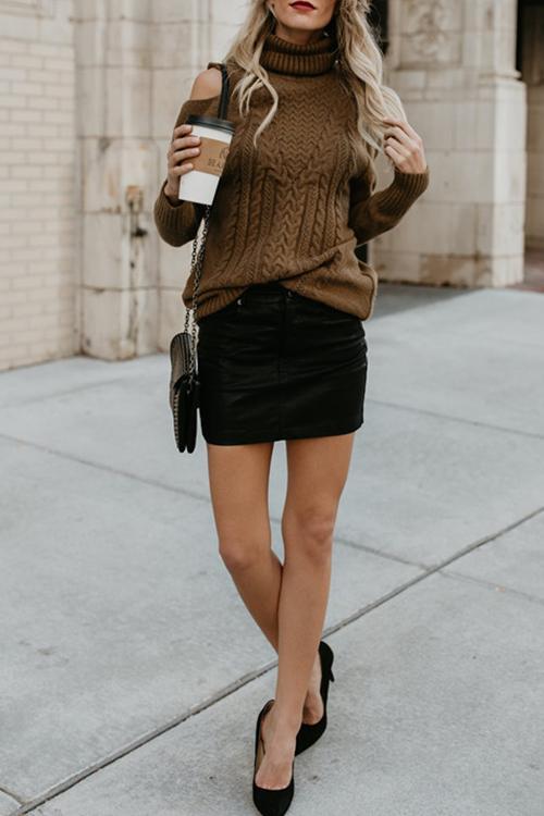 Off-the-shoulder High Neck Slim Knit Sweater-Pinkami