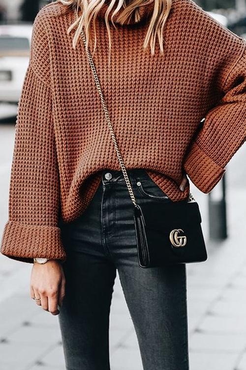 Casual high Neck Long Sleeve Sweater-Pinkami