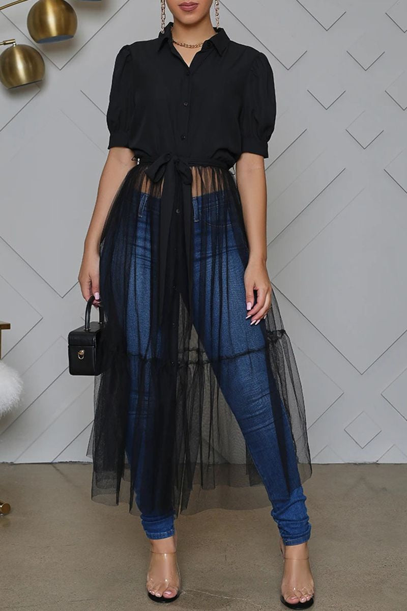 Pleated Contrast Mesh Maxi Shirt Dress