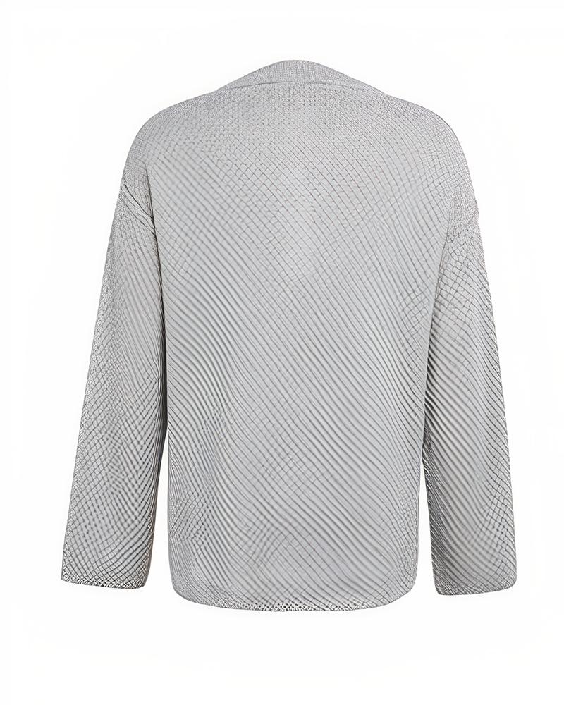 Solid Waffle Knit Topstitching Split Hem Button Detail Sweater-Pinkami