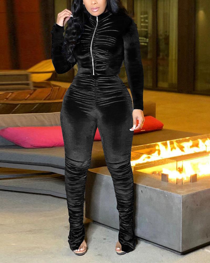 Solid Ruched Zip Up Long Sleeve Top & Split Hem Pants Set-Pinkami