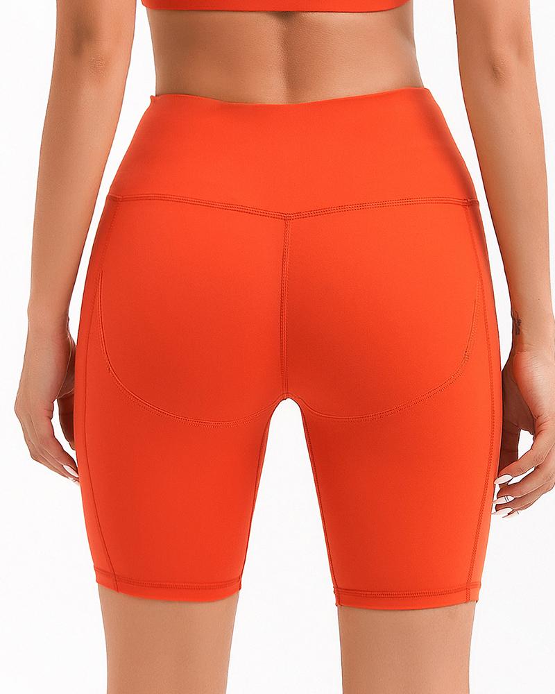 Solid Stitch Trim High Waist Biker Sports Shorts-Pinkami