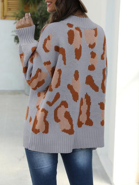 Leopard Pattern Long Sleeve Pullover Sweater-Pinkami
