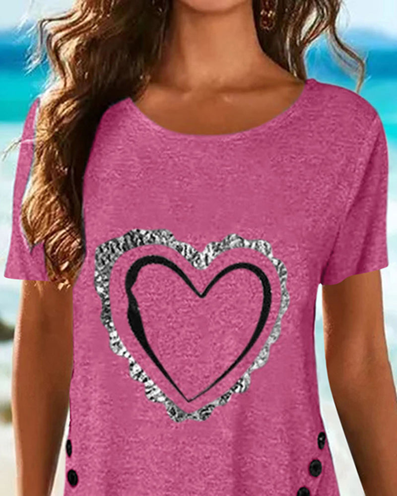 Heart Print Button Side Asymmetrical Hem T-Shirt-Pinkami