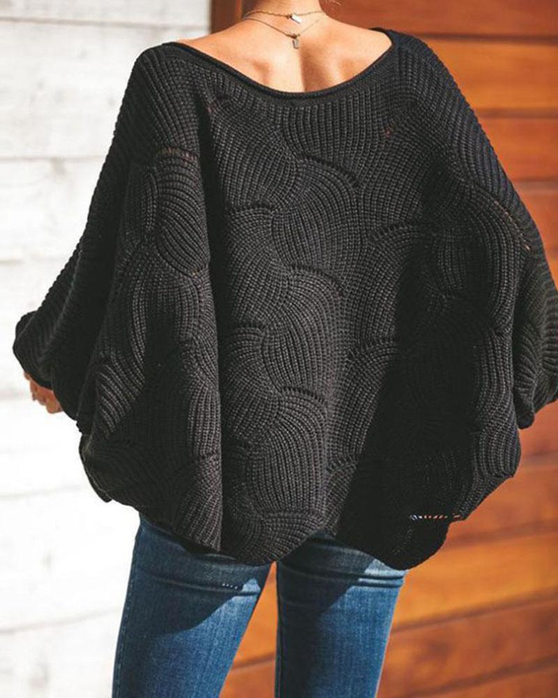 Open Knit Lantern Sleeve Scallop Hem Oversized Sweater-Pinkami