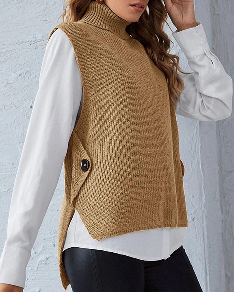 Ribbed Sleeveless High Low Button Detail Sweater-Pinkami
