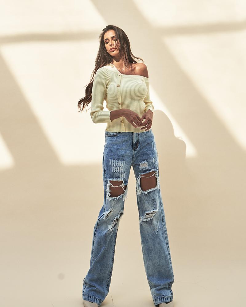 Rib-Knit Button Front Off Shoulder Sweater-Pinkami