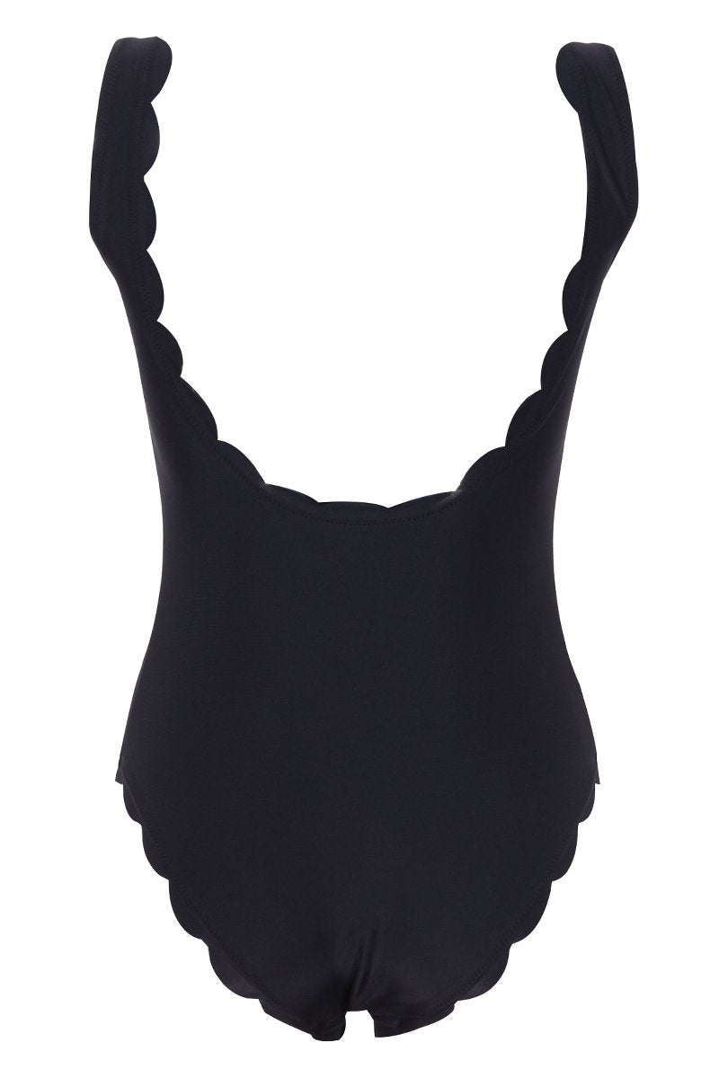 Black Scalloped Low Back Scoop Neck Cute One Piece Swimsuit