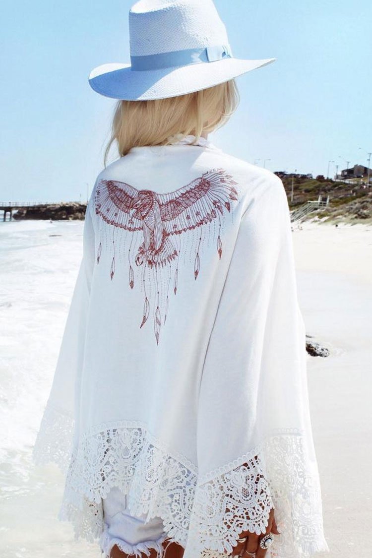 Flying Eagle Batwing Sleeve Floral Crochet Chiffon Cover Up-Pinkami