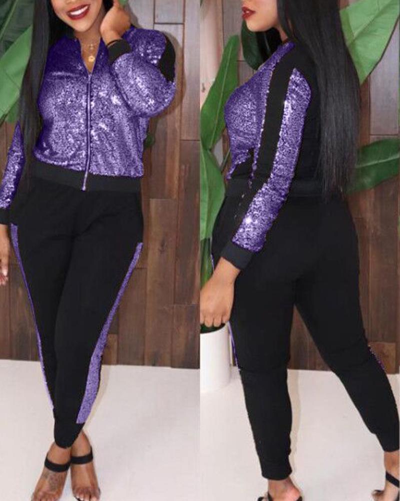 Colorblock Metallic Zip Front Jacket & Pants Set