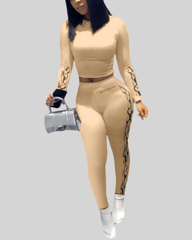 Letter & Graphic Print Long Sleeve Top & Pants Set-Pinkami