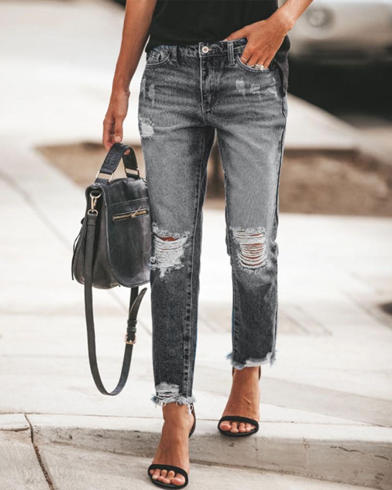 Women Knee Distressed Frayed Hem Cropped Jeans-Pinkami