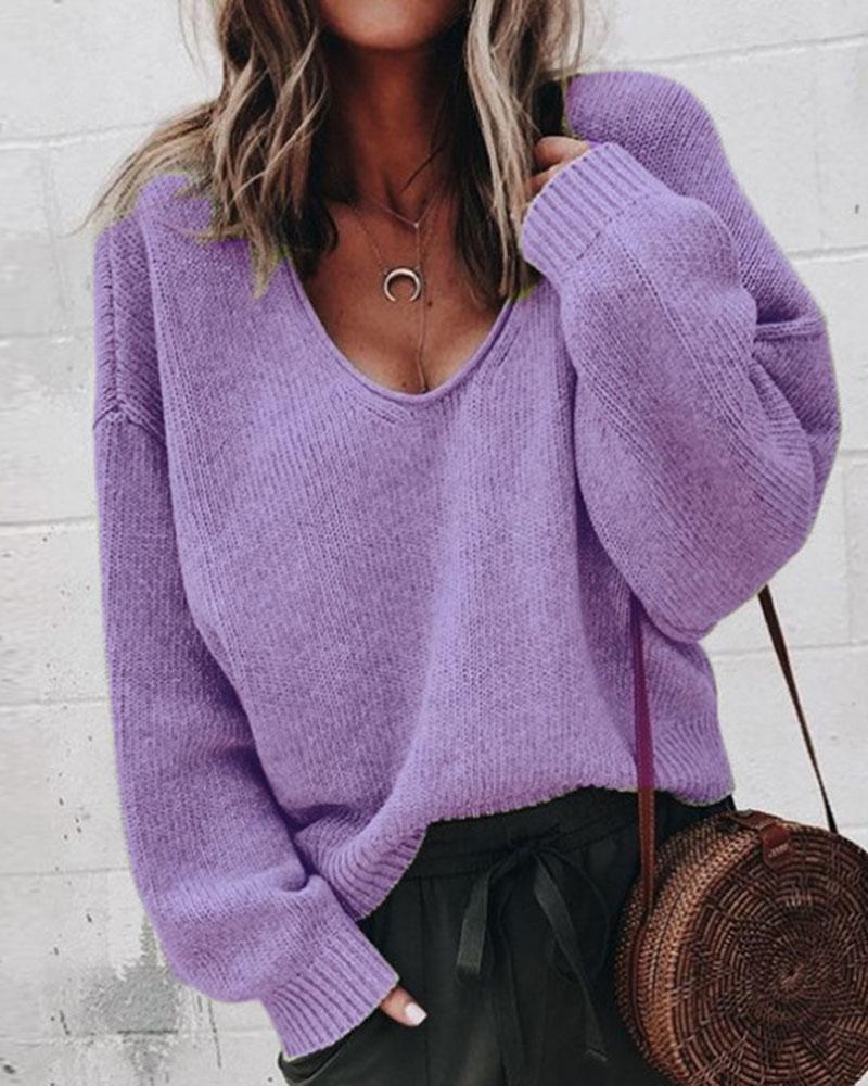 Solid Rib-knit Drop Shoulder Sweater-Pinkami