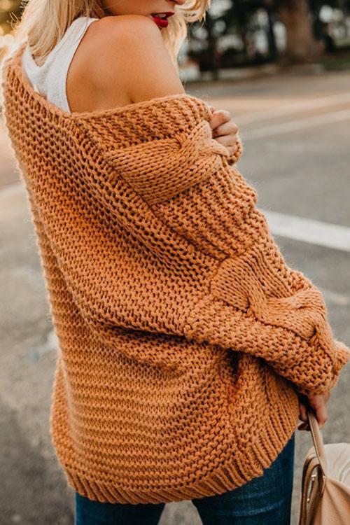 Loose Long-sleeved Twist Knit Sweater Big Twisted Rope Cardigan-Pinkami