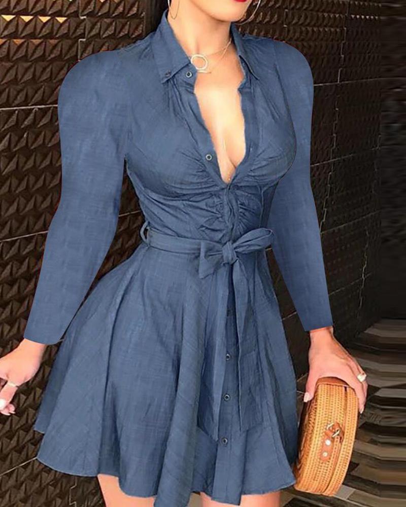 Mixed Print Buttoned Long Sleeve Ruffles Dress