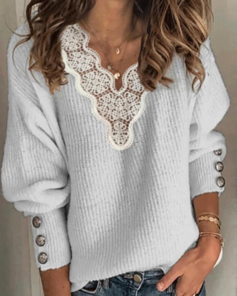 Contrast Lace Scallop Trim Beaded Decor Sweater-Pinkami
