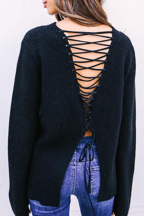 Rear V-Tie Strap Trumpet Sleeve Cardigan Sweater-Pinkami