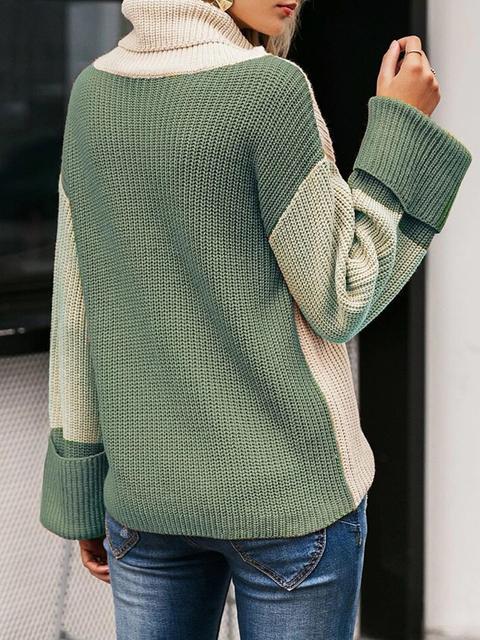 Color Block Loose Funnel Neck Sweater-Pinkami