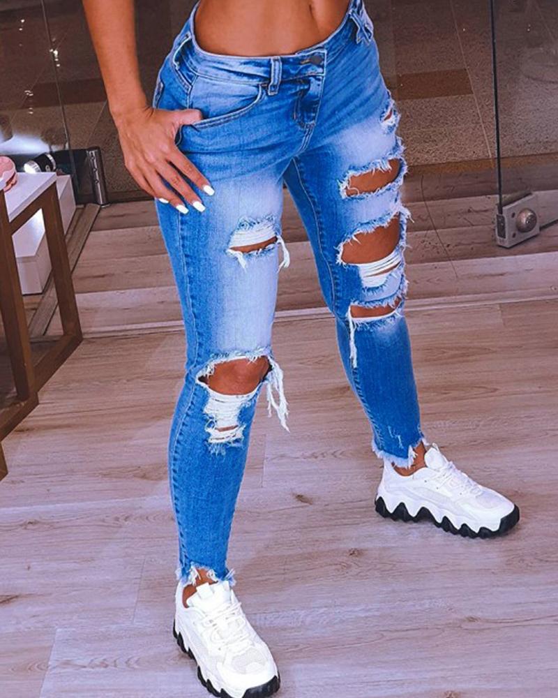 Women Distressed Frayed Hem Skinny Cropped Jeans-Pinkami