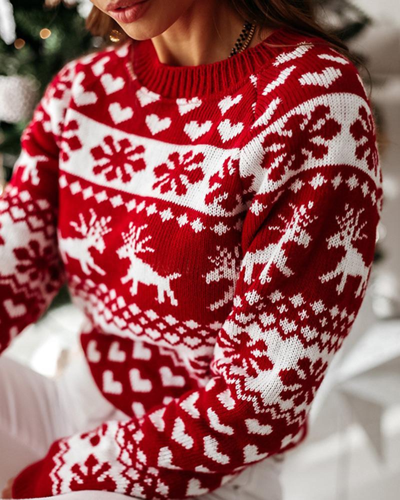 Elk & Snowflake Print Contrast Binding Ribbed Sweater-Pinkami