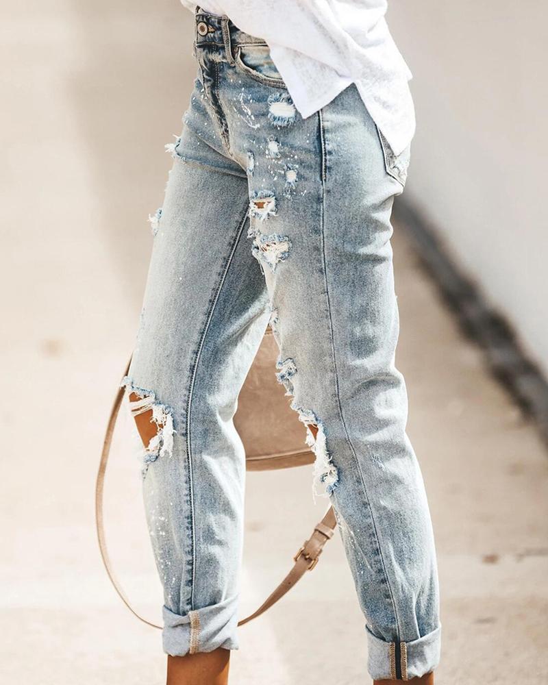 Women Ripped Distressed Mid Waist Straight Leg Jeans-Pinkami