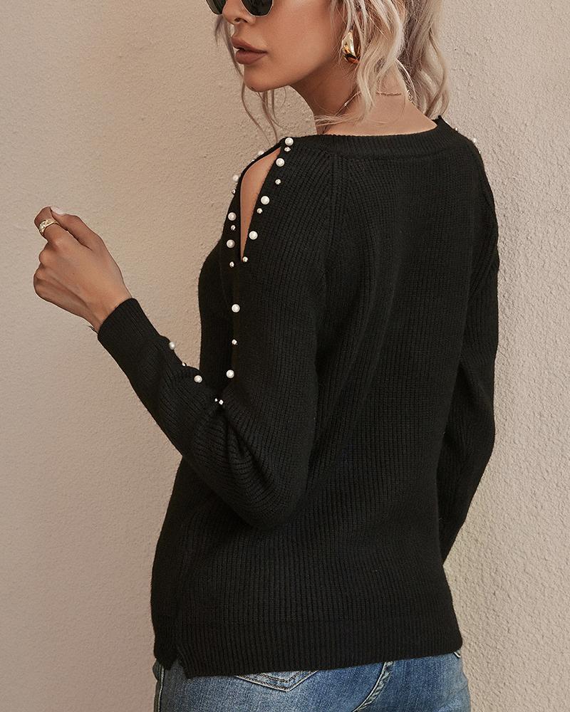 Ribbed Beaded Cold Shoulder Sweater-Pinkami