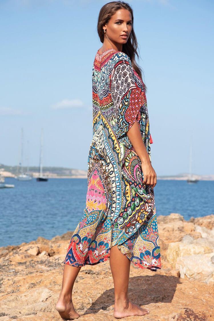 Ethnic Printed Sleeved Tie Front V Neck Maxi Cover Up-Pinkami